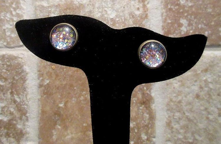 Summerfield Collection Antiqued Gold-tone Lavender Purple Glitter Glass Stud Earrings Hand-painted 12mm