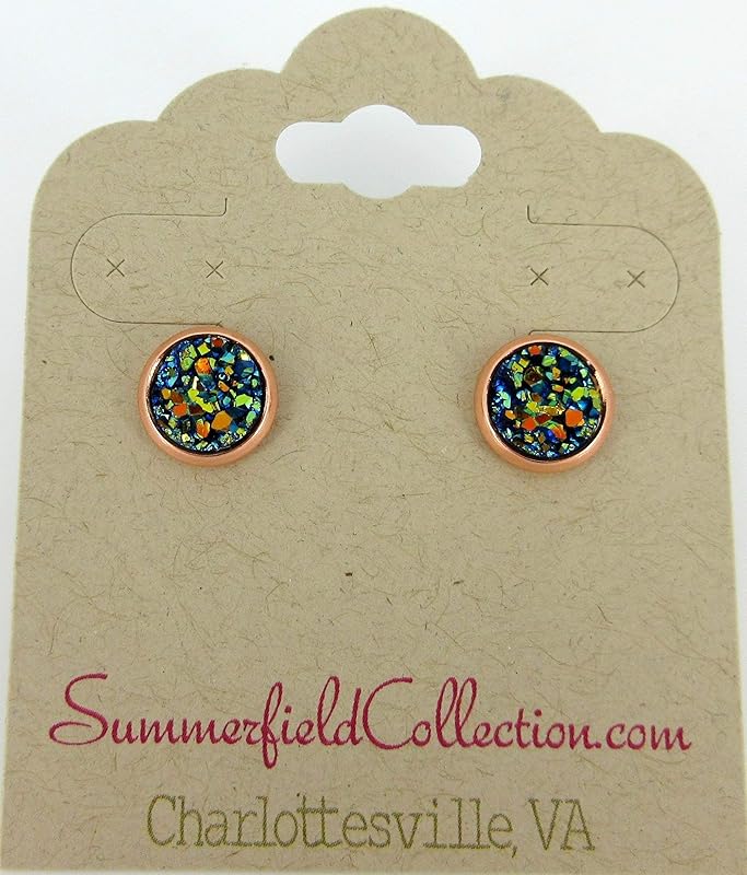 Summerfield Collection Rose Gold-tone Faux Druzy Stone Stud Earrings 8mm (Metallic Blue/Green)