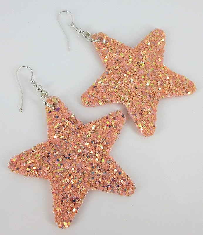 Summerfield Collection Glitter Faux Leather Large Star Dangle Earrings (Pink)