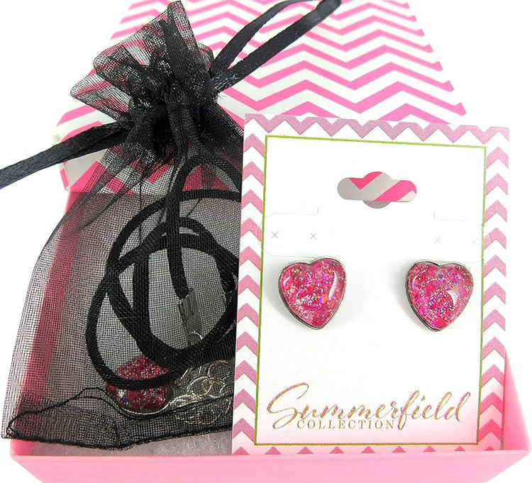 Summerfield Collection Hot Pink Hand-painted Glass Heart Choker Necklace Faux Black Suede Cord Stud Earrings Set