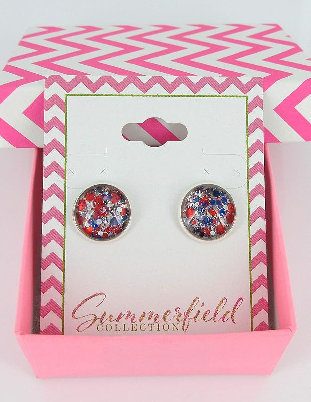 Summerfield Collection Silver-tone Patriotic Glitter Glass Stud Earrings Hand-painted 12mm