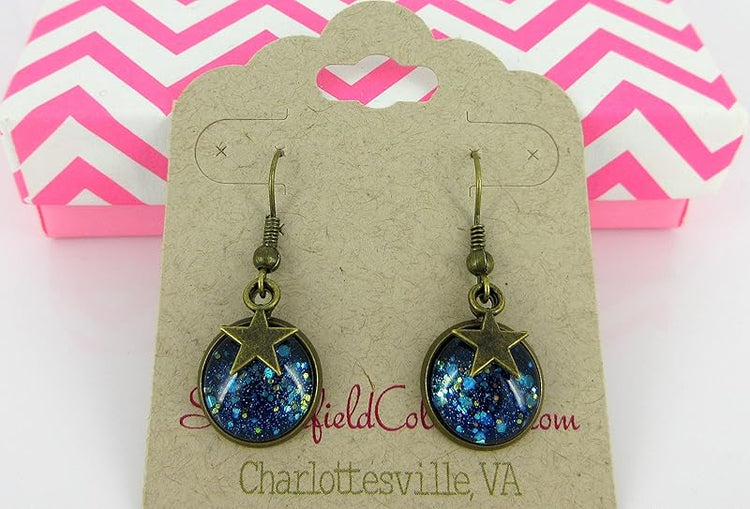 Summerfield Collection Antiqued Gold-tone Ocean Blue Glitter Glass Star Charm Galaxy Dangle Earrings Hand-painted