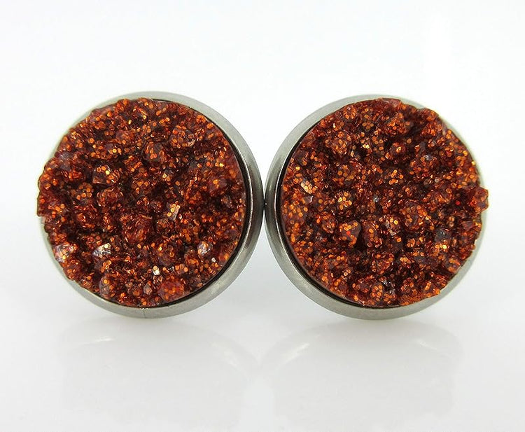 Summerfield Collection Duo Stainless Steel Glitter Faux Druzy Stone Stud Earrings Set (Orange/Indigo)