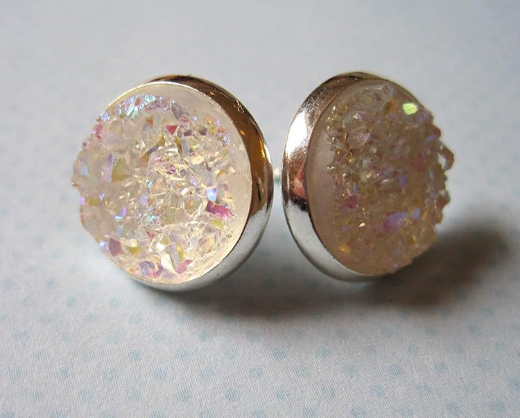 Summerfield Collection Trio Silver-tone Stud Earrings Faux Druzy Stone Clear AB Hot Pink Glitter Resin Set