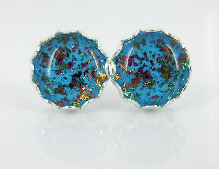 Summerfield Collection Silver-tone Aqua Blue and Rainbow Flake Glass Stud Earrings Hand-painted 10mm