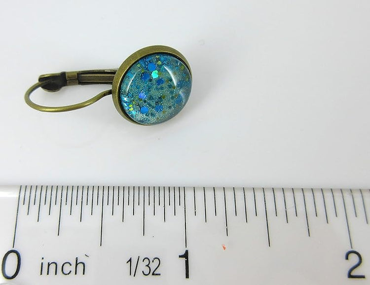 Summerfield Collection Antiqued Gold-tone Seafoam Green and Blue Glitter Glass Lever-back Drop Earrings Hand-painted