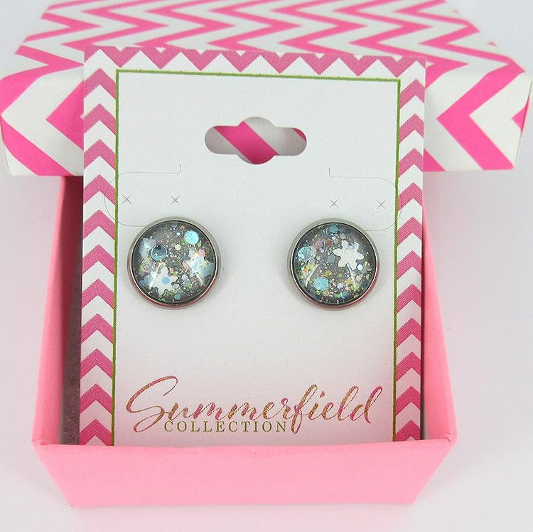 Summerfield Collection Stainless Steel Gray Snowfall Glitter Glass Stud Earrings Hand-painted 12mm