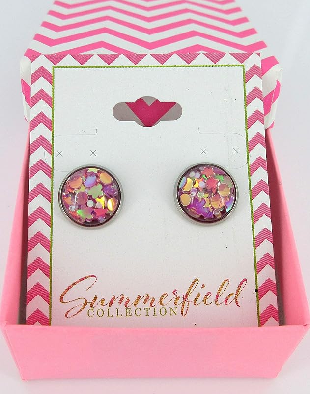 Summerfield Collection Stainless Steel Glitter Resin Globe Stud Earrings 12mm (Magenta)