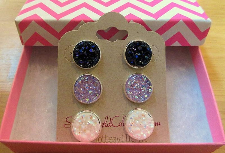Summerfield Collection Trio Silver-tone Stud Earrings Faux Druzy Stone Midnight Blue Lavender AB White Set 12mm