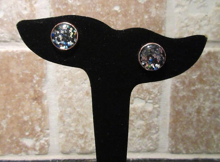 Summerfield Collection Rose Gold-tone Black Meteor Shower Glitter Glass Galaxy Stud Earrings Hand-painted 12mm