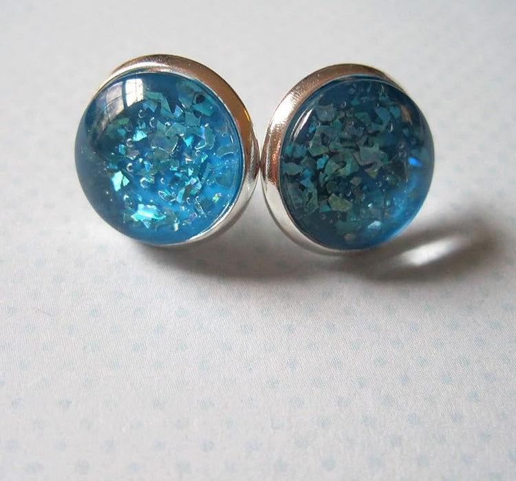 Summerfield Collection Silver-Tone Aqua Blue Shard Glitter Glass Stud Earrings 1/2" Round