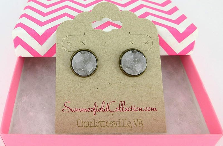 Summerfield Collection Antiqued Gold-tone Faux Druzy Stone Stud Earrings 12mm (Clear/Lt Gray)