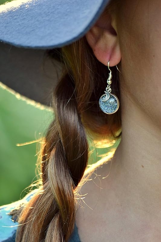 Summerfield Collection Silver-tone Starry Night Glitter Glass Crescent Moon Charm Galaxy Dangle Earrings