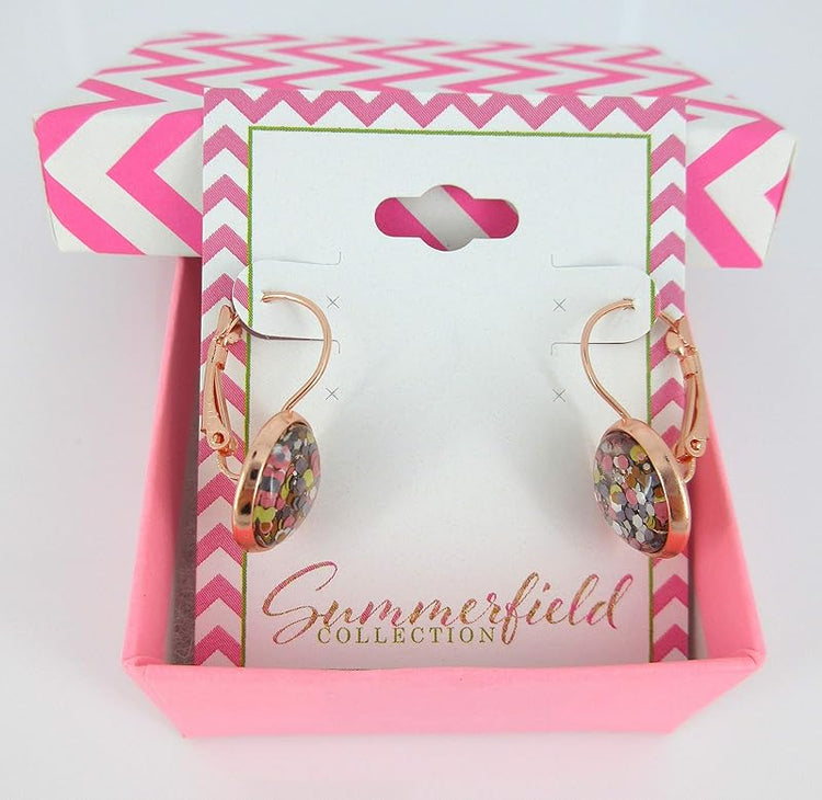 Summerfield Collection Rose Gold-tone Pearly Silver and 5 Metal Glitter Glass Drop Earrings Hand-painted