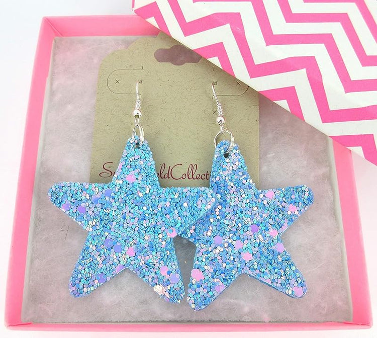 Summerfield Collection Glitter Faux Leather Large Star Dangle Earrings (Sky Blue and AB)