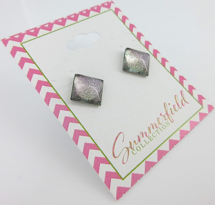 Summerfield Collection Stainless Steel Charcoal Gray Purple Green Glitter Glass Stud Earrings Hand-painted Square 10mm