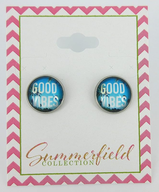Summerfield Collection Stainless Steel Good Vibes Print Glass Stud Earrings 12mm (Blue Sky)