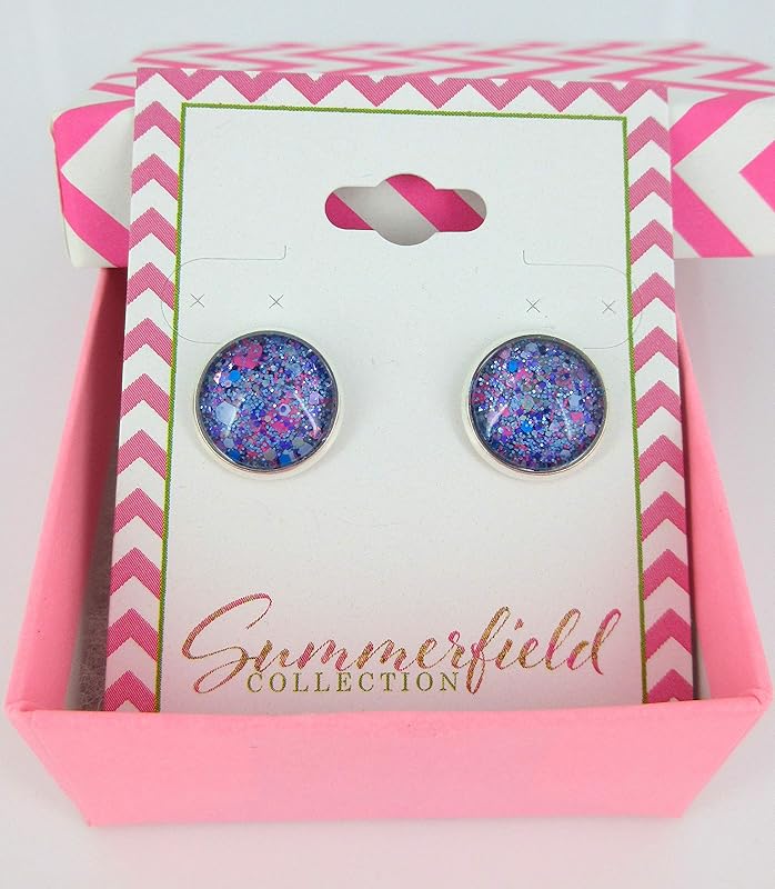 Summerfield Collection Silver-tone Gray Neon Pink Aqua Blue and Purple Glitter Glass Stud Earrings Hand-painted 12mm