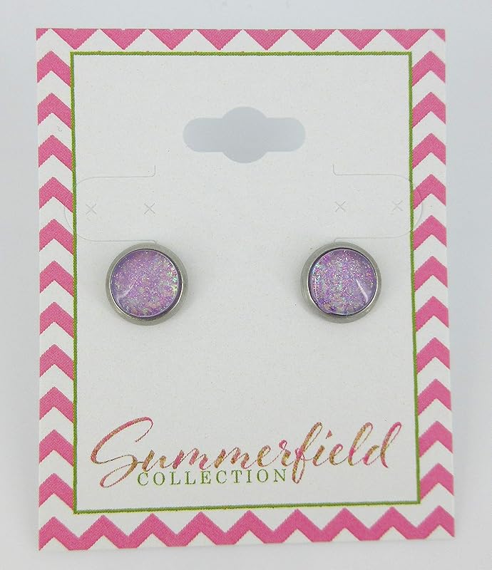 Summerfield Collection Stainless Steel Lavender Purple Glitter Flake Glass Stud Earrings Hand-painted 8mm