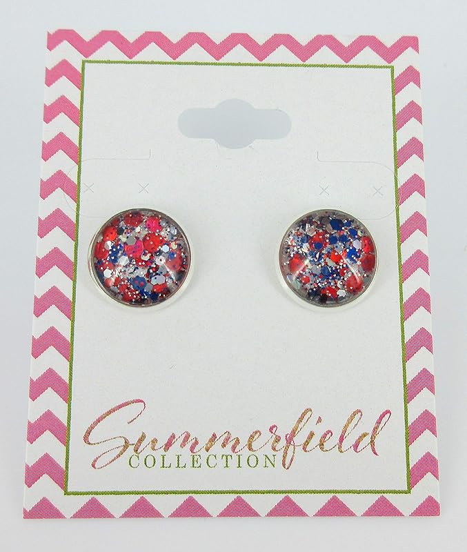 Summerfield Collection Silver-tone Patriotic Glitter Glass Stud Earrings Hand-painted 12mm