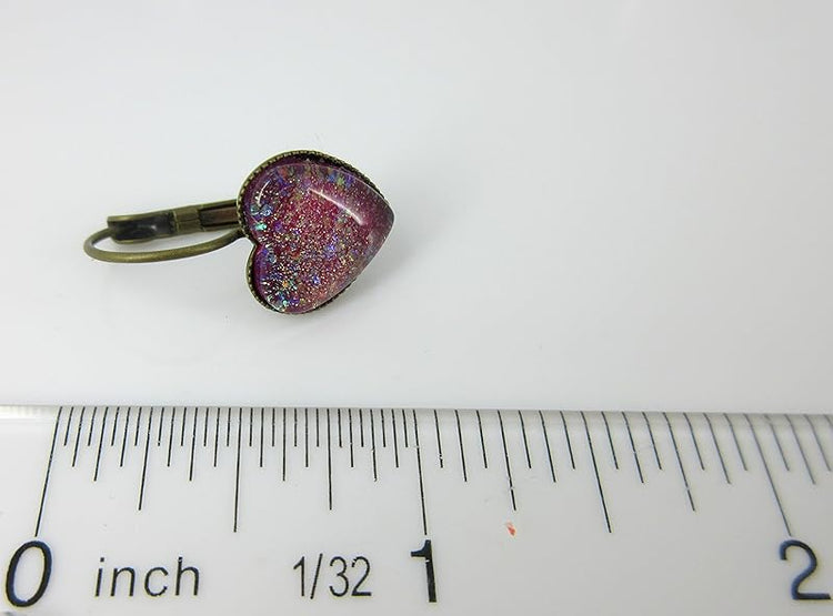 Summerfield Collection Antiqued Gold-tone Berry Iridescent Glitter Glass Heart Drop Earrings Hand-painted
