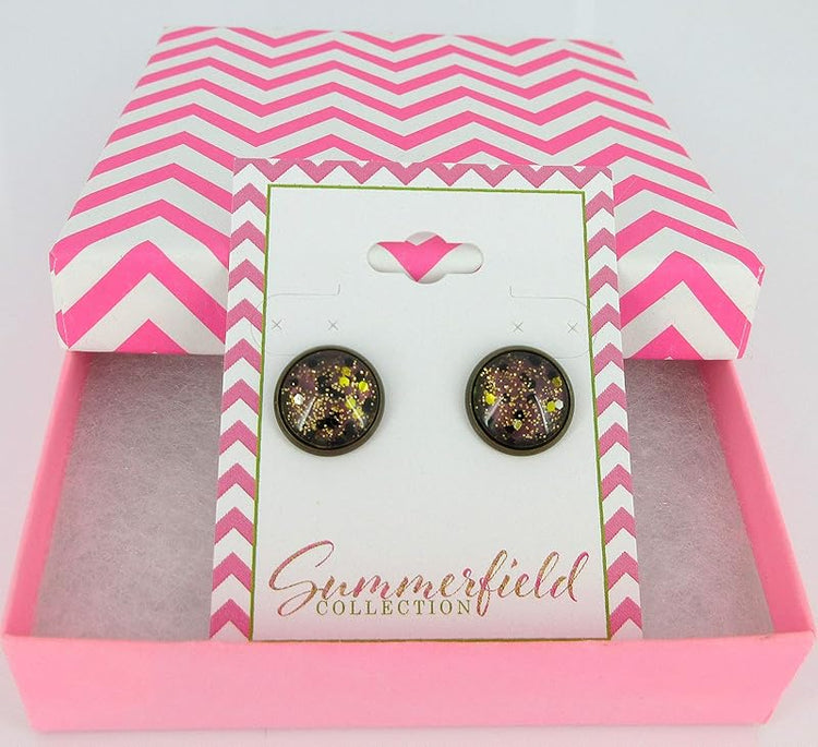 Summerfield Collection Antiqued Gold-tone Black and Silver Glitter Glass Stud Earrings Hand-painted 12mm