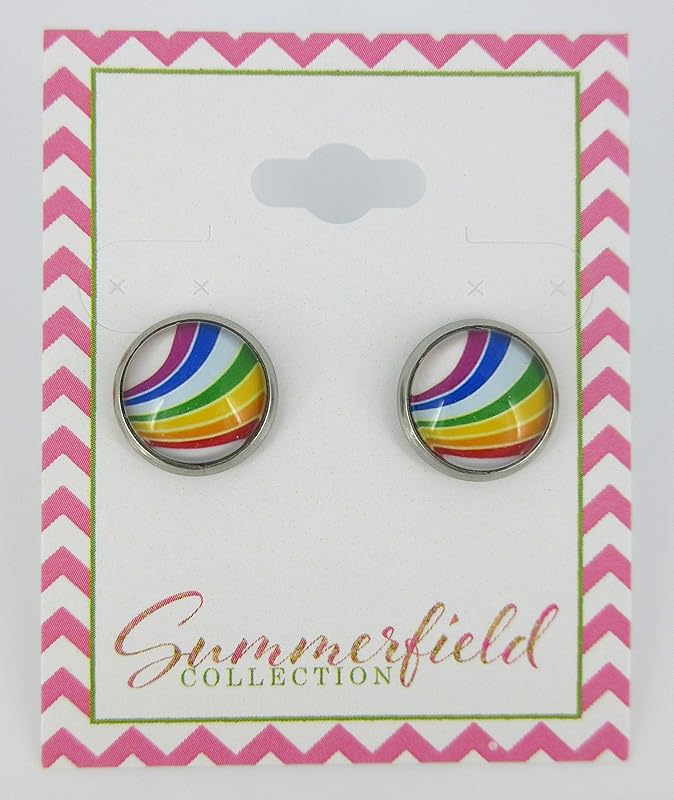 Summerfield Collection Stainless Steel Vintage Rainbow Stripe Print Glass Stud Earrings 12mm