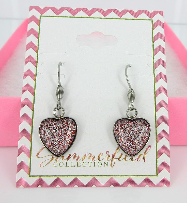 Summerfield Collection Red and Holographic Hand-painted Glass Heart Choker Necklace Faux Black Suede Cord Dangle Earrings Set