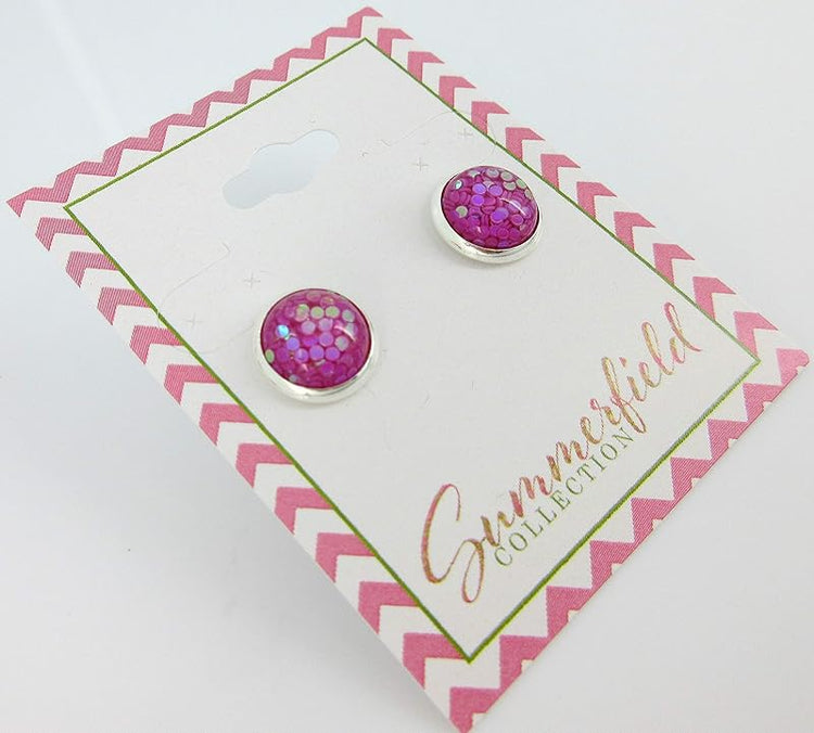 Summerfield Collection Shiny Silver-tone Iridescent Glitter Resin Stud Earrings 10mm (Magenta)