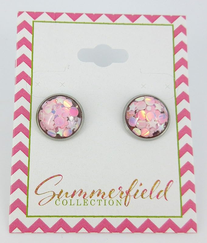 Summerfield Collection Stainless Steel Glitter Resin Globe Stud Earrings 12mm (Ballet Pink)