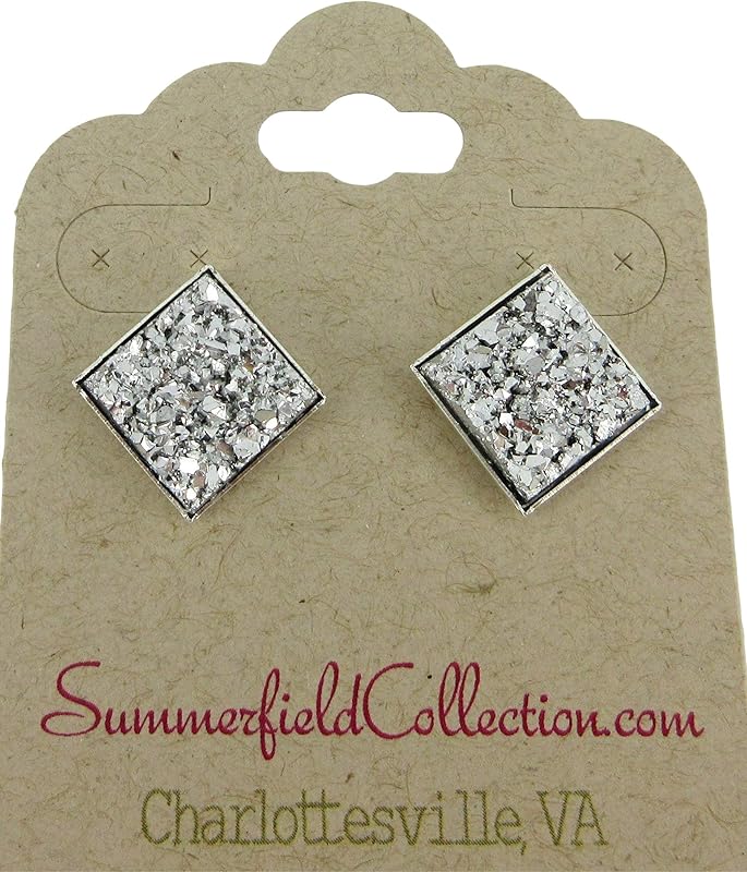 Summerfield Collection Silver-tone Metallic Geometric Square Shaped Chunky Faux Druzy Stud Earrings 12mm Statement (Silver)