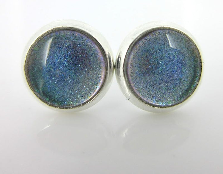 Summerfield Collection Silver-tone Blue Gray Purple Color Shift Glitter Glass Stud Earrings Hand-painted 8mm