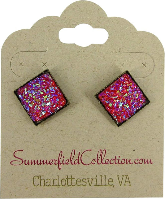 Summerfield Collection Geometric Square Shaped Flat Faux Druzy Stud Earrings 12mm Statement Antiqued Gold-tone (Hot Pink)