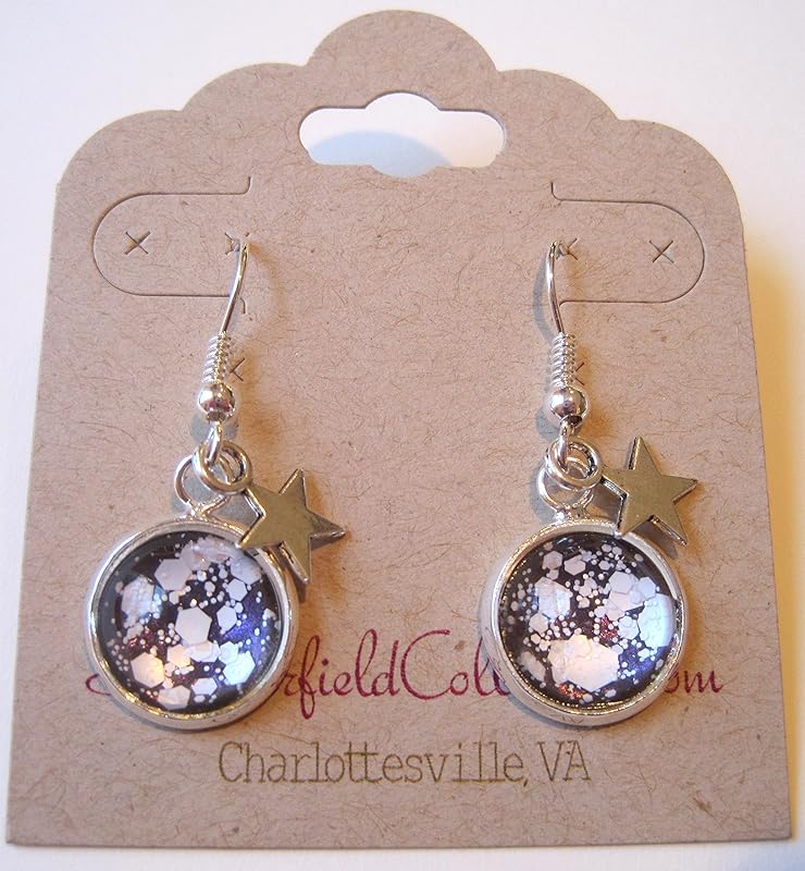 Summerfield Collection Silver-tone Purple and White Glitter Glass Star Charm Galaxy Dangle Earrings