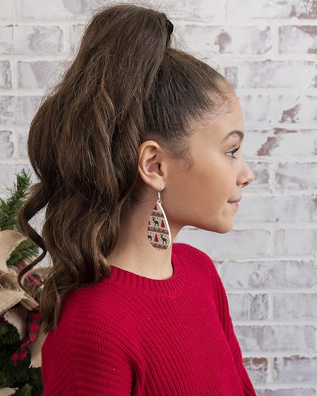 Summerfield Collection White Red Green Christmas Print Faux Leather Large Teardrop Dangle Earrings