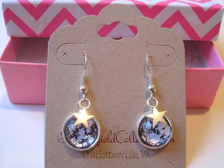 Summerfield Collection Silver-tone Purple and White Glitter Glass Star Charm Galaxy Dangle Earrings