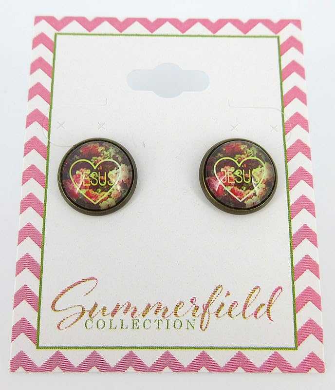 Summerfield Collection Antiqued Gold-tone Jesus Heart Flower Print Glass Stud Earrings 12mm