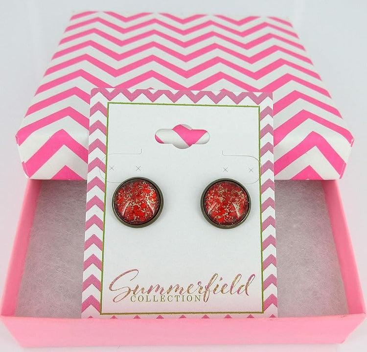 Summerfield Collection Antiqued Gold-tone Red Glitter Glass Stud Earrings Hand-painted 12mm