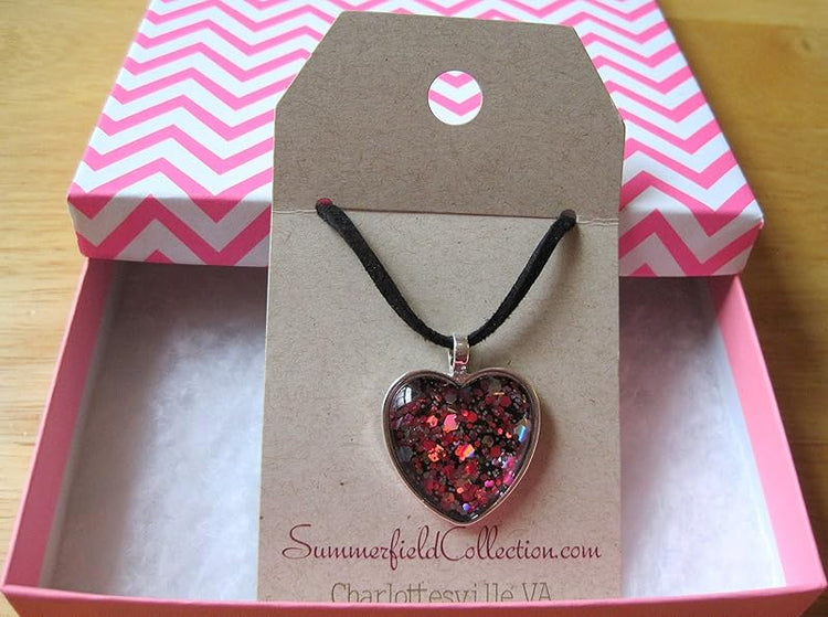 Summerfield Collection Silver-Tone Black and Pink Glitter Glass Heart Pendant Necklace Faux Suede Cord