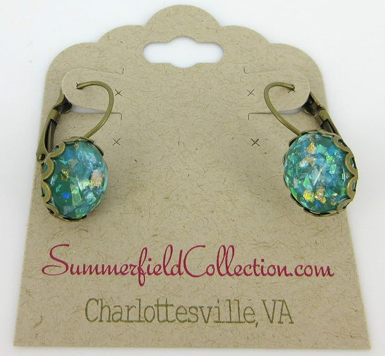Summerfield Collection Antiqued Gold-tone Opalescent Leaf Resin Lever-back Drop Earrings (Green)