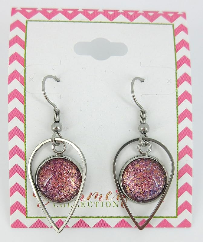 Summerfield Collection Stainless Steel Purple and Pink Glitter Flake Glass Charm Dangle Earrings Handpainted