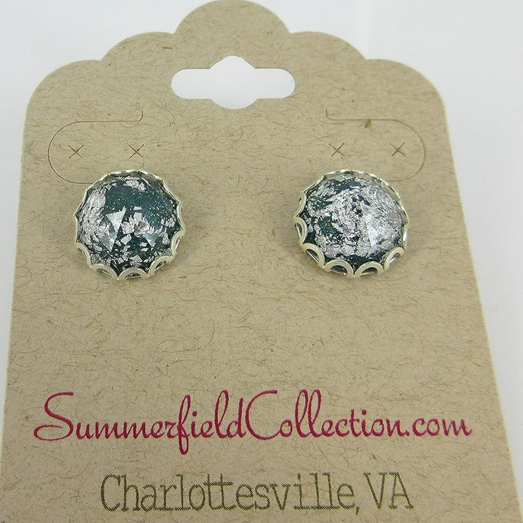 Summerfield Collection Silver Foil Faceted Resin Stud Earrings 12mm (Dk Teal Green)