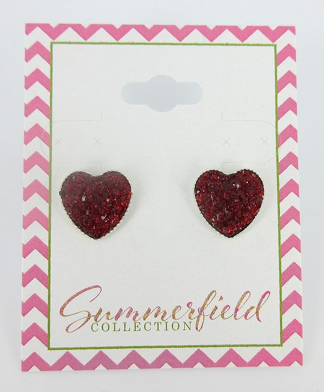 Summerfield Collection Silver-tone Heart Faux Druzy Stone Stud Earrings 12mm (Deep Red)