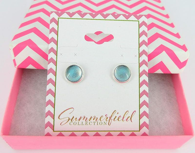 Summerfield Collection Silver-tone Blue Gray Purple Color Shift Glitter Glass Stud Earrings Hand-painted 8mm