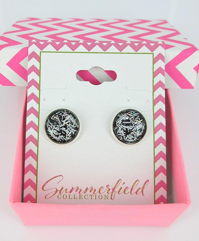 Summerfield Collection Silver-tone Black and Holographic Bar Glitter Glass Stud Earrings Hand-painted 12mm