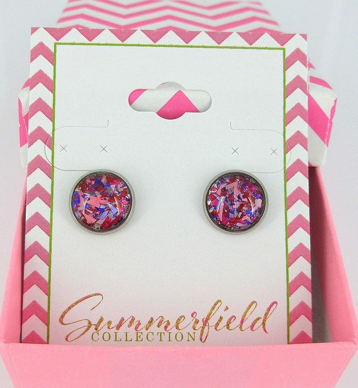 Summerfield Collection Stainless Steel Pink Purple Red Metallic Shard Glitter Glass Stud Earrings Hand-painted 10mm