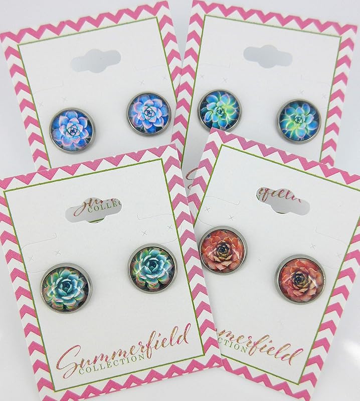 Summerfield Collection Stainless Steel Succulent Plant Print Glass Stud Earrings 12mm (Blue/Green)