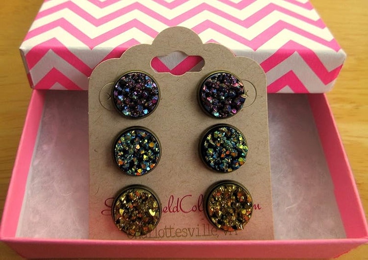 Summerfield Collection Trio Antiqued Gold-tone Stud Earrings 12mm Faux Druzy Stone Metallic Purple Blue Green Set