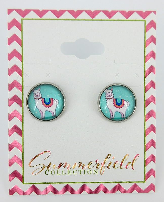 Summerfield Collection Stainless Steel Llama Print Glass Stud Earrings 12mm (Teal)