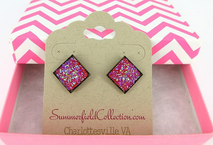 Summerfield Collection Geometric Square Shaped Flat Faux Druzy Stud Earrings 12mm Statement Antiqued Gold-tone (Hot Pink)